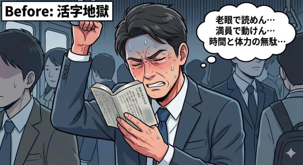 「老眼で読めん」「時間と体力の無駄」という心の声（吹き出し）が、ターゲット読者の痛みに深く刺さります