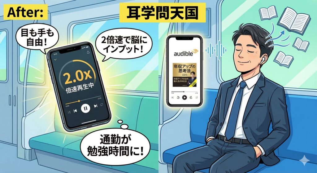 Audibleを使うことで快適な通勤時間を過ごし、効率的にインプットしている様子