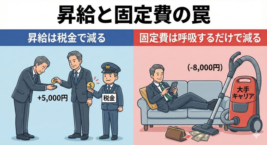 昇給の現実と固定費の罠を対比させる説明