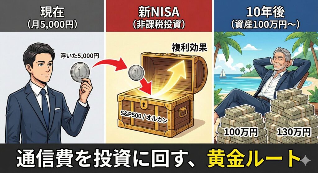 楽天モバイルに変えることにより月5000円が浮き、その結果１０年後に訪れる変化を説明