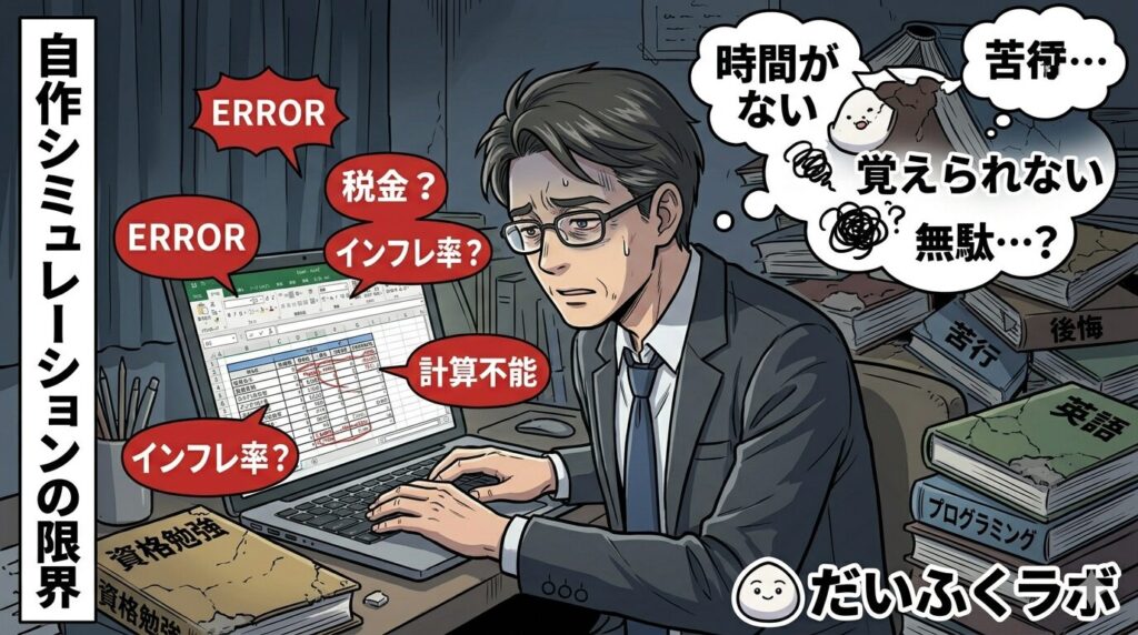 「自作シミュレーションの限界（失敗）」を視覚化します。