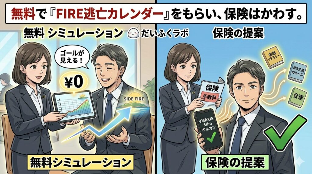 「無料でシミュレーションをもらい、保険はかわす（ハック）」という合理的な選択を視覚化します。