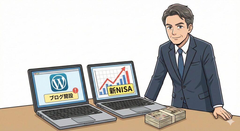 セルバックで5万円を得てその後ブログ開設し収入が増え投資を行い自信に満ちた表情の40代男性