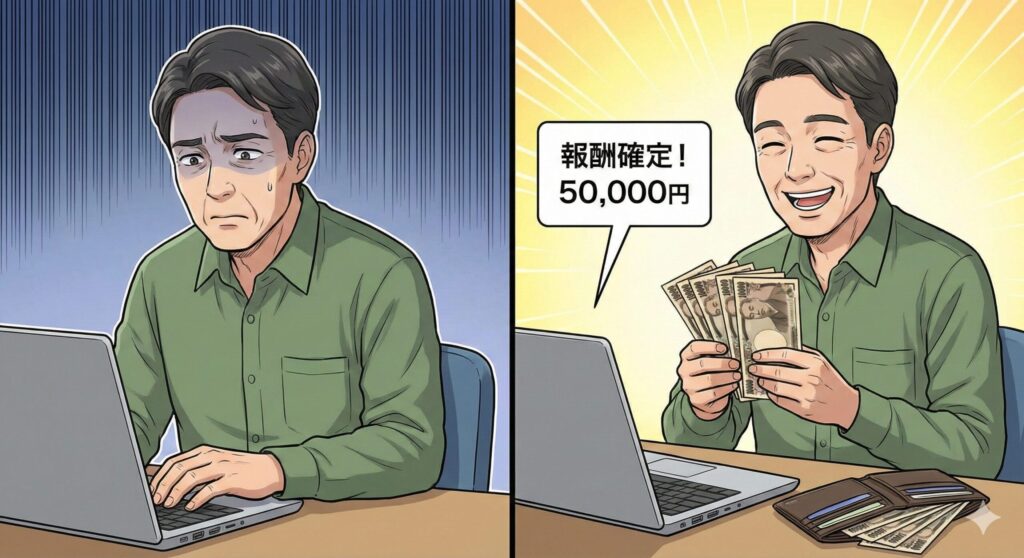 A8ネットのセルフバックを行い5万円を得た40代男性