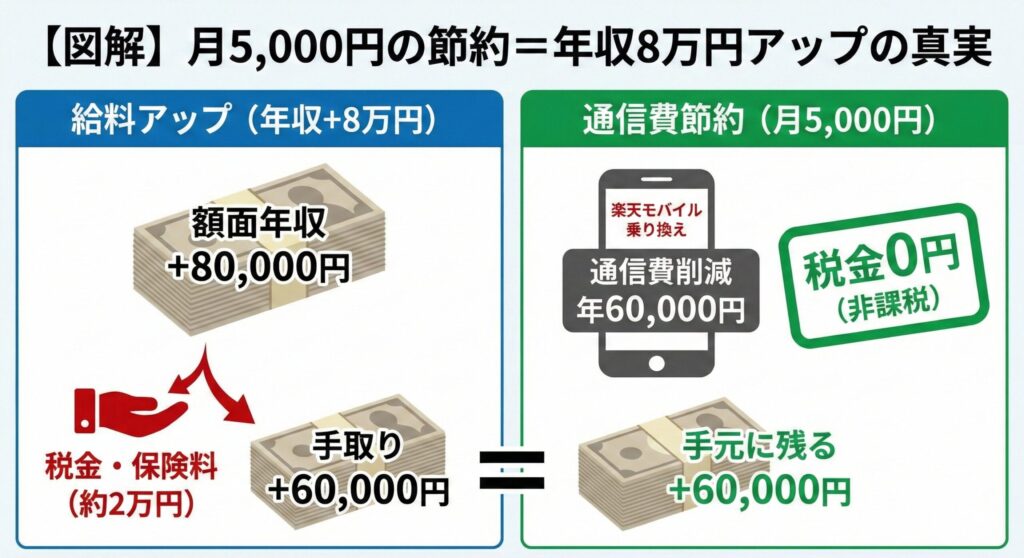 月5,000円の節約は「年収8万円アップ」に等しいことの説明